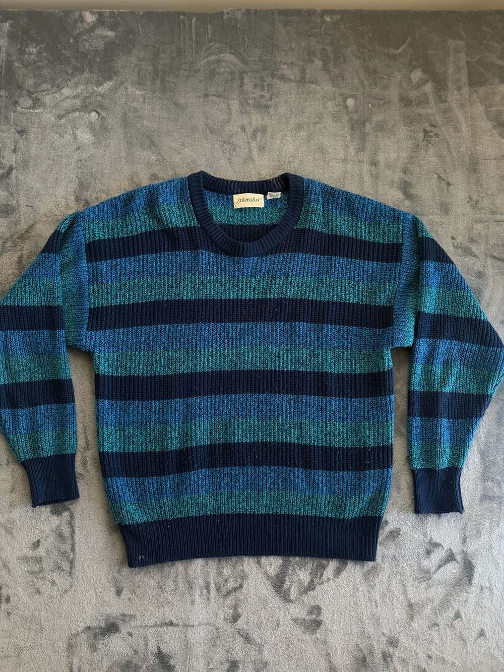 Vintage St. John's Bay Blue Teal Striped Acrylic Knit Sweater XL